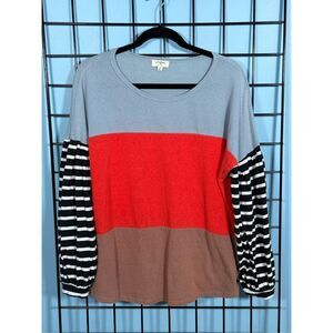 Umgee Color Block Striped Sleeve Blouse - Red, Blue, Brown